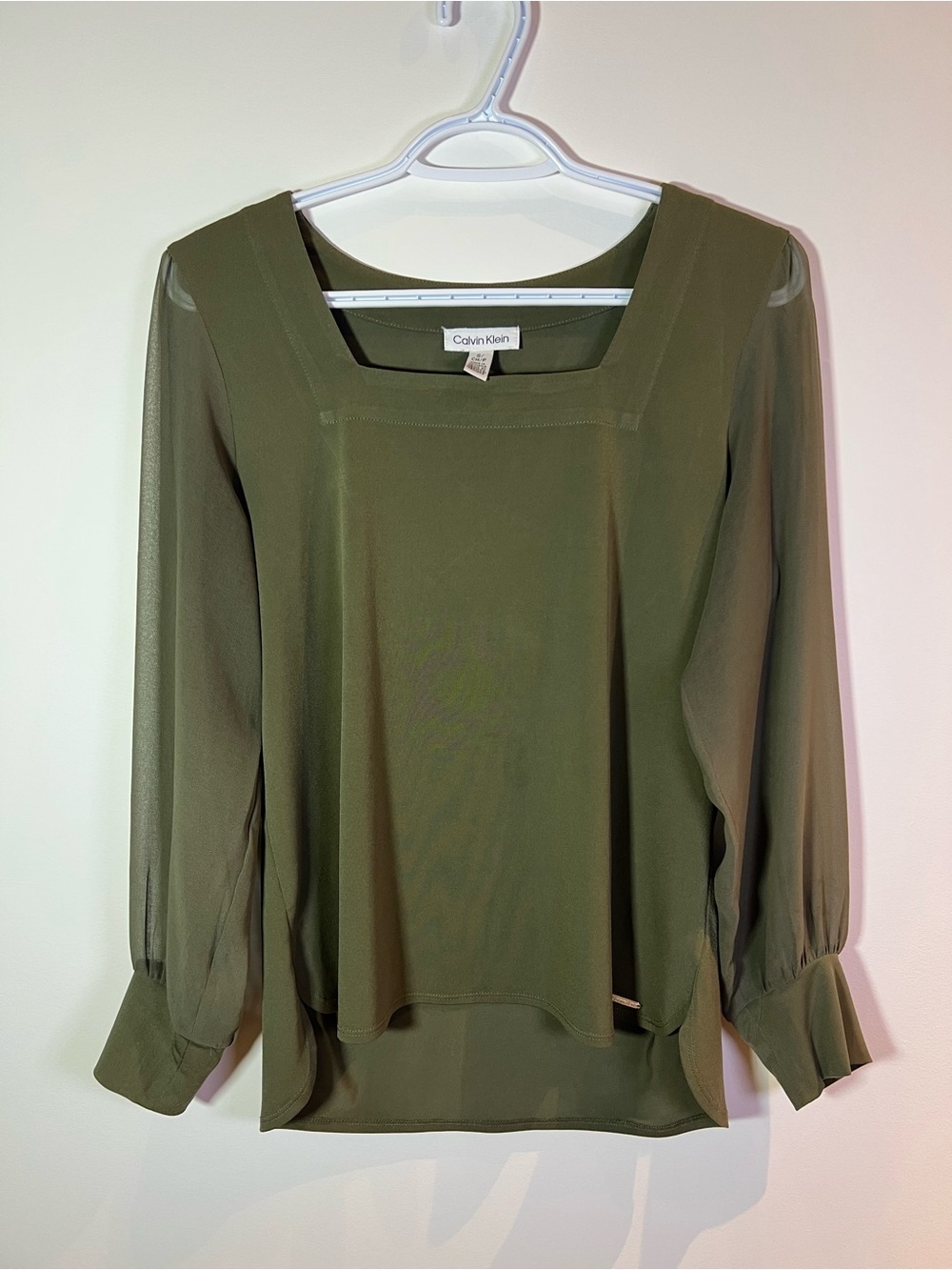 Calvin Klein Olive Green Womenâs Small Sheer Sleeve Chic Square Neck Blouse